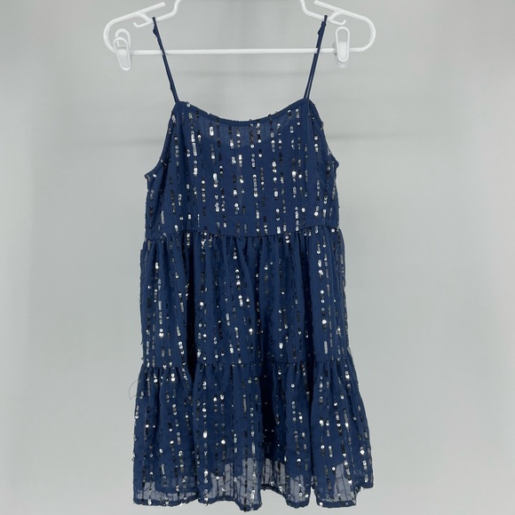 URBAN OUTFITTERS NWT HANNA EMBELLISHED SEQUIN BABYDOLL MINI BLUE SILVER DRESS XS - Picture 2 of 15